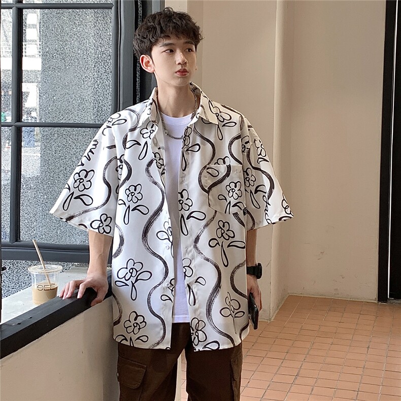 2025夏季新款男士休闲宽松尖领男士大码花衬衫C93/P4559,男装衬衫,电商A148