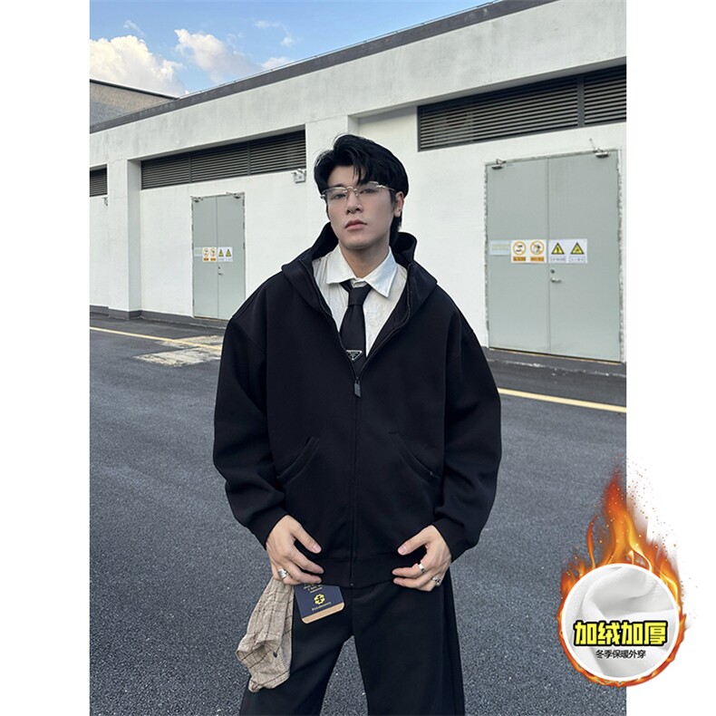 480G重磅加绒硬挺boxy 男女秋冬美式高街防风高领卫衣开衫厚外套图片