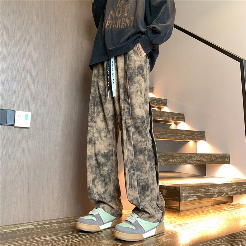特P45控78扎染灯芯绒美式阔腿大码宽松直筒休闲长裤子100聚酯K401,男装休闲裤,电商B370