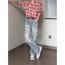 原宿ins新款无品牌流行简约潮流美式高街花卉破洞牛仔裤男款夏季，男装牛仔裤，星座506A