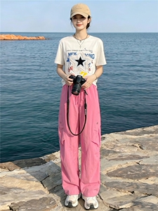 韩版休闲时尚套装女夏款个性简约圆领星星印花上衣工装长裤两件套图片
