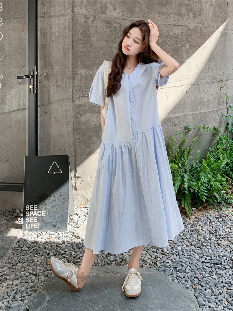 学院风蓝色连衣裙女2025夏季新款韩系小清新甜美减龄小个子衬衫裙,女装连衣裙,慧尚2-185