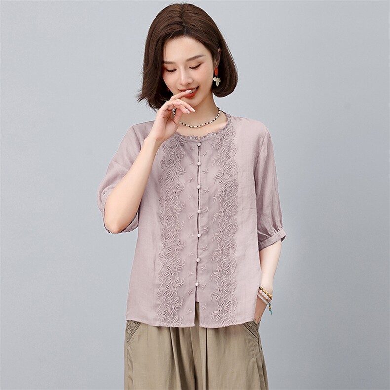 纯苎麻衬衫女夏薄款2025文艺刺绣妈妈款上衣,女装衬衫,忆绮罗