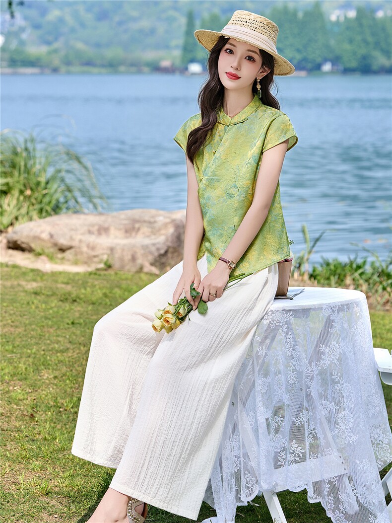新中式套装女2026夏新款洋气不规则盘扣上衣+阔腿裤两件套,女装套装/套裙,姿衣坊