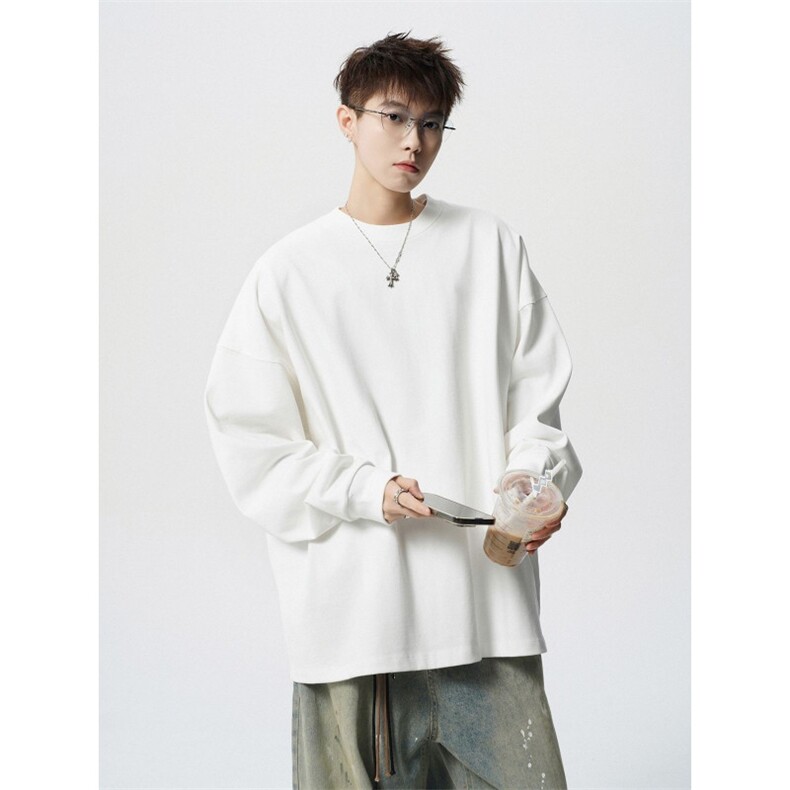 【305G重磅双面绒螺纹袖口】春秋纯色圆领潮牌长袖T恤9102P39网图，女装T恤，电商B245