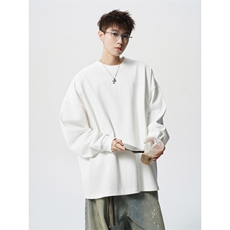 【305G重磅双面绒螺纹袖口】春秋纯色圆领潮牌长袖T恤9102P39网图，女装T恤，电商B245