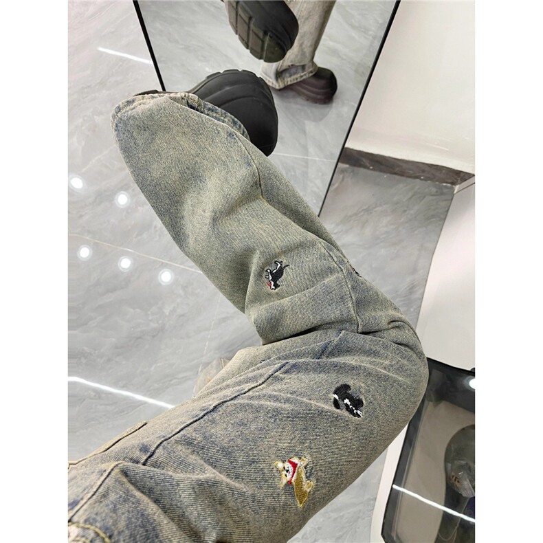 腊肠狗刺绣牛仔裤男美式高街vibe裤子直筒牛仔裤1001-1-GN630-P45，男装牛仔裤，星座1001-1