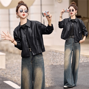 复古咖色短皮衣外套女2025秋季新款时尚翻领宽松休闲pu皮夹克上衣图片