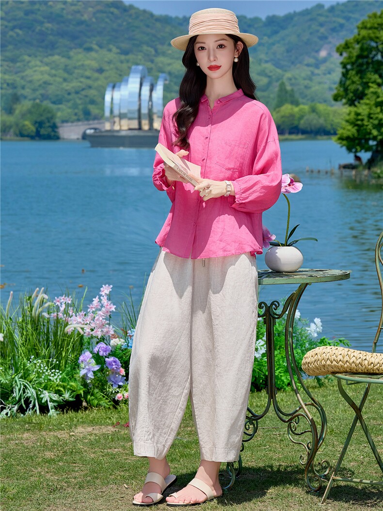 棉麻长袖套装女2026年夏季新款吸汗透气亮色翻领上衣直筒气球裤,女装套装/套裙,梦懿尔