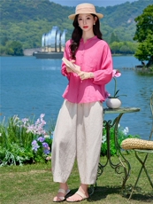 棉麻长袖套装女2026年夏季新款吸汗透气亮色翻领上衣直筒气球裤，女装套装/套裙，梦懿尔