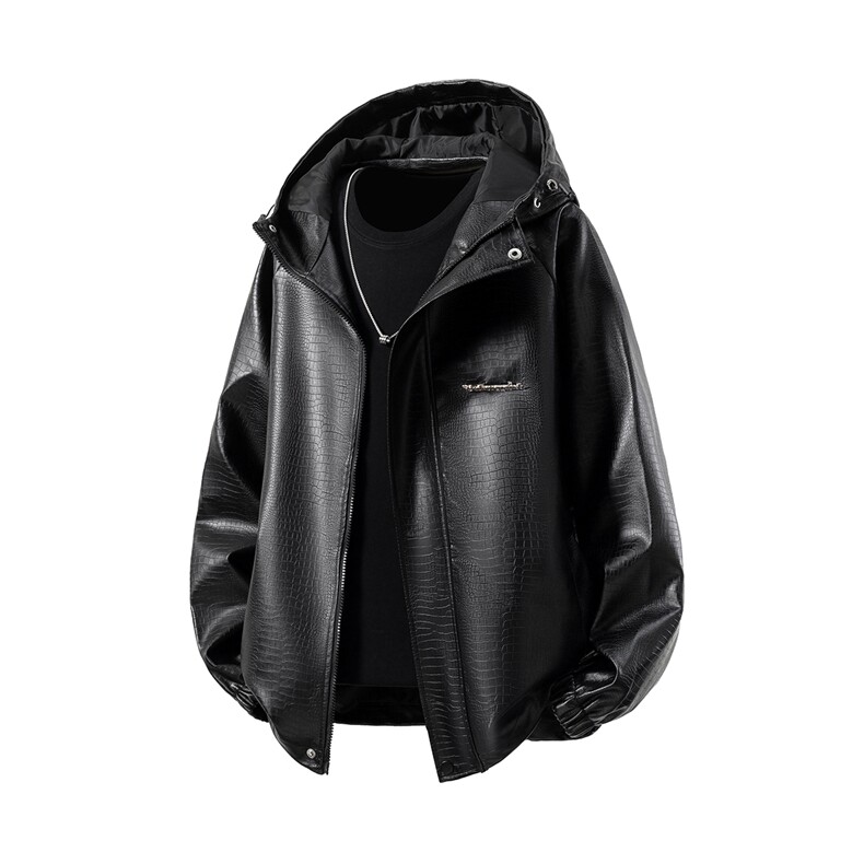 立体白底连帽鳄鱼纹PU皮衣大码M-5XL冲锋衣夹克男JK8744P90控128,男装皮衣,星座227-7