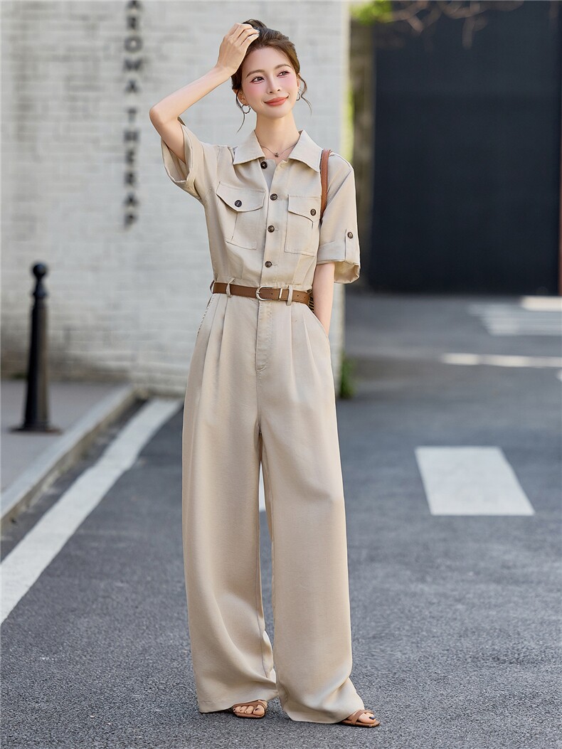 （新款现货）2026夏时尚工装休闲莱赛尔天丝阔腿连体裤（配腰带）,女装连体裤,印象茜