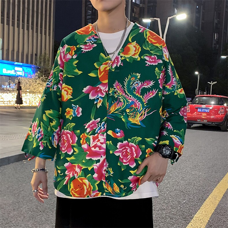 C7022男士休闲大码大花大V领七分袖T恤外套风民族特色套头TEE,男装T恤,星座115A(原星座507）