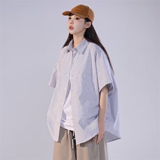 条纹短袖衬衫男女2026年新款夏季日系潮牌宽松休闲工装衬衣外套，男装衬衫，星座601-1