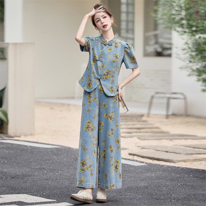 新中式印花牛仔套装女2025夏季新款爆款气质高级感阔腿裤两件套,女装套装/套裙,曼娅璐
