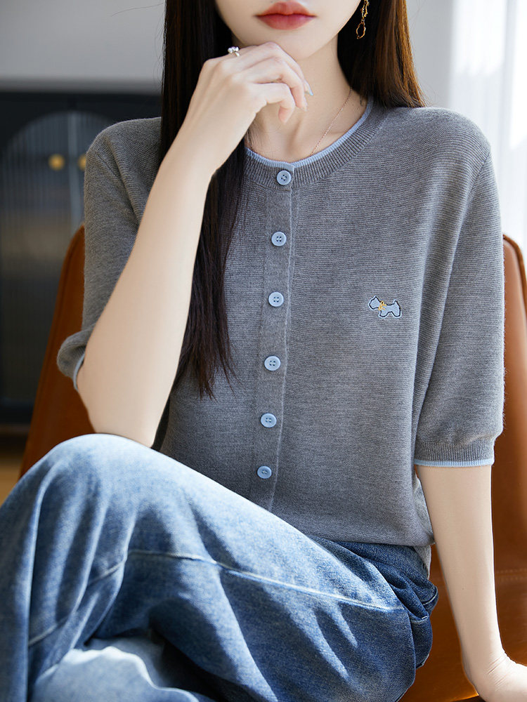 拼色圆领五分袖常规2025年夏季短袖,女装T恤,暖圣羊羊绒