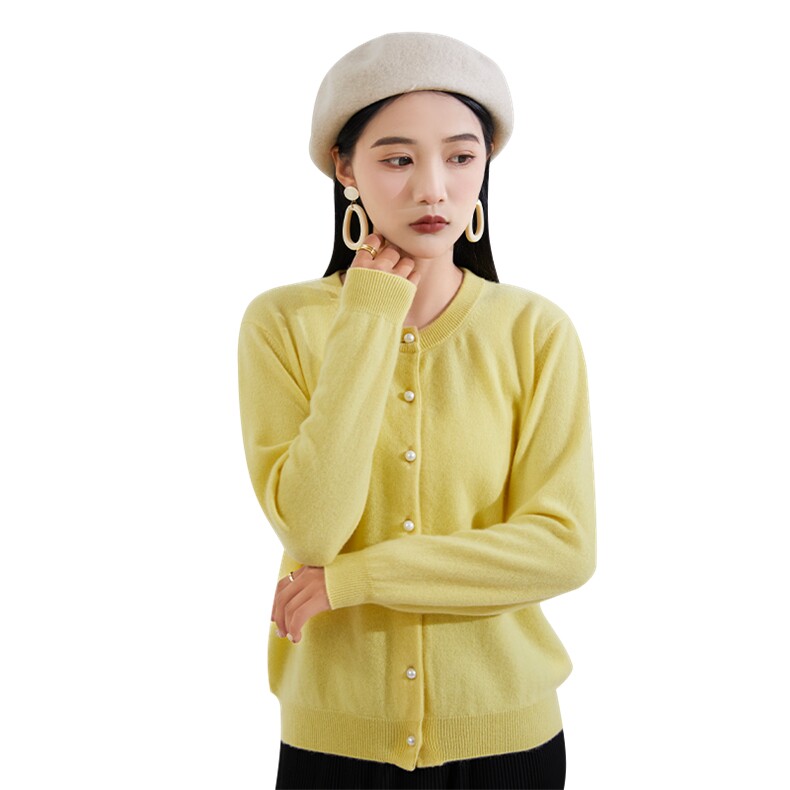 长袖开衫2024年秋季纯色圆领时尚单排扣简约羊绒衫,女装羊绒衫,恒爱羊绒