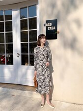 改良旗袍收腰显瘦印花时尚气质高雅修身圆领连衣裙，女装汉服/婚纱/旗袍/礼服，荷塘月色