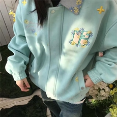 浅绿色小花刺绣外套男女2025新款美式复古百搭立领夹克上衣，男装夹克，星座601-1