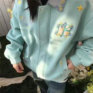 浅绿色小花刺绣外套男女2025新款美式复古百搭立领夹克上衣,男装夹克,星座601-1