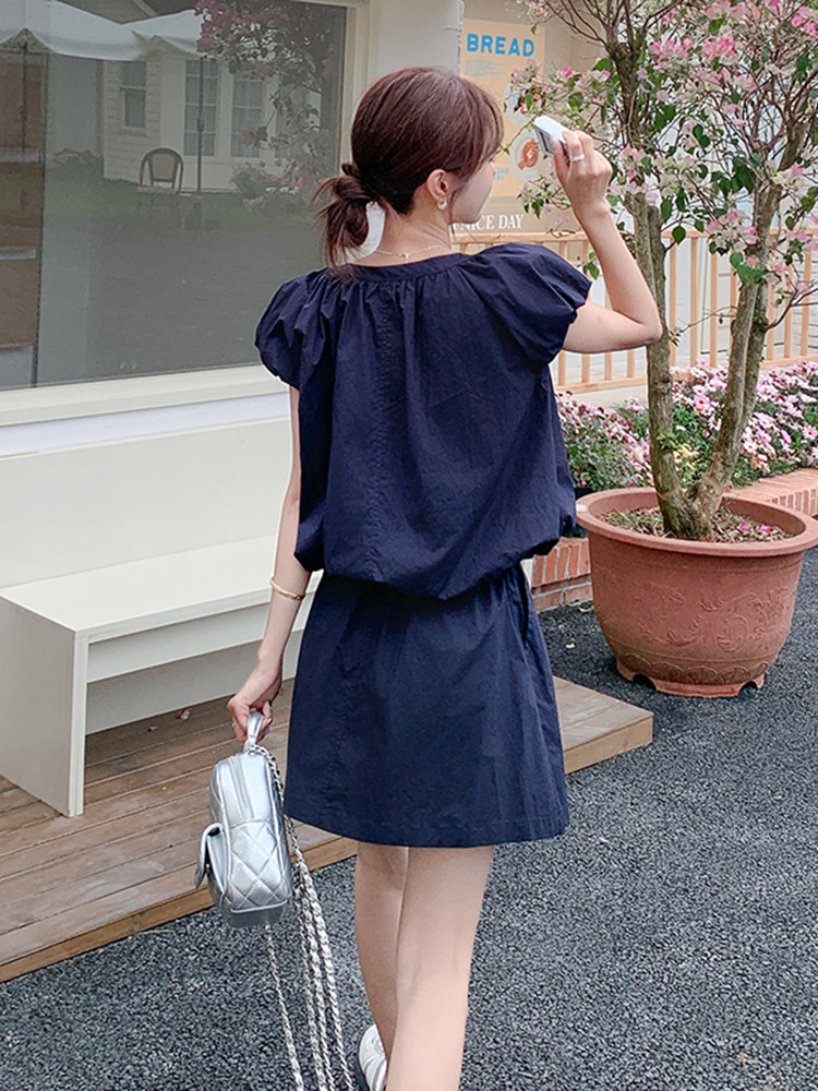 藏青色时尚一整套穿搭泡泡袖上衣套装裙女2025夏新款半身裙两件套,女装套装/套裙,浙宝220