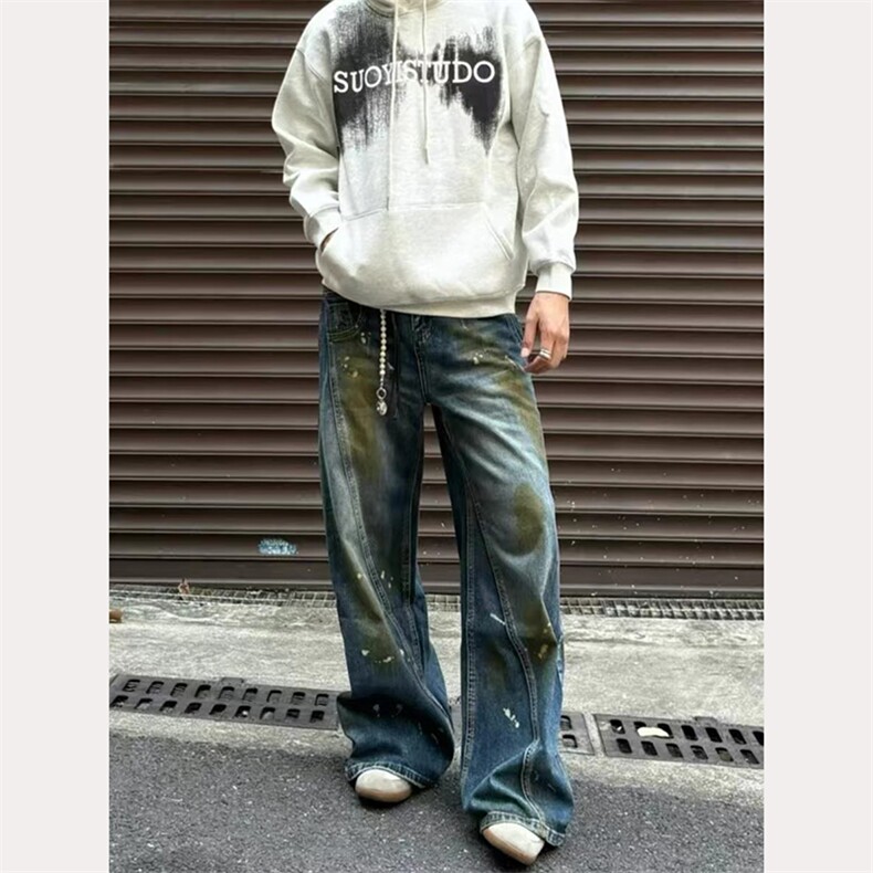 小众做旧泼墨解构拼接牛仔裤男款美式复古宽松设计感高街痞帅长裤图片