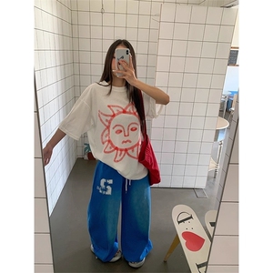 EAHO美式复古做旧字母印花抽绳卫裤夏季男女宽松直筒百搭运动长裤图片