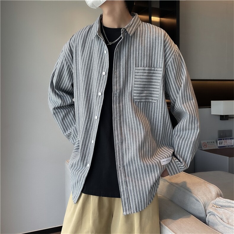 港风休闲条纹长袖衬衫男A338-1C090P50货足，差价大,男装衬衫,电商D325