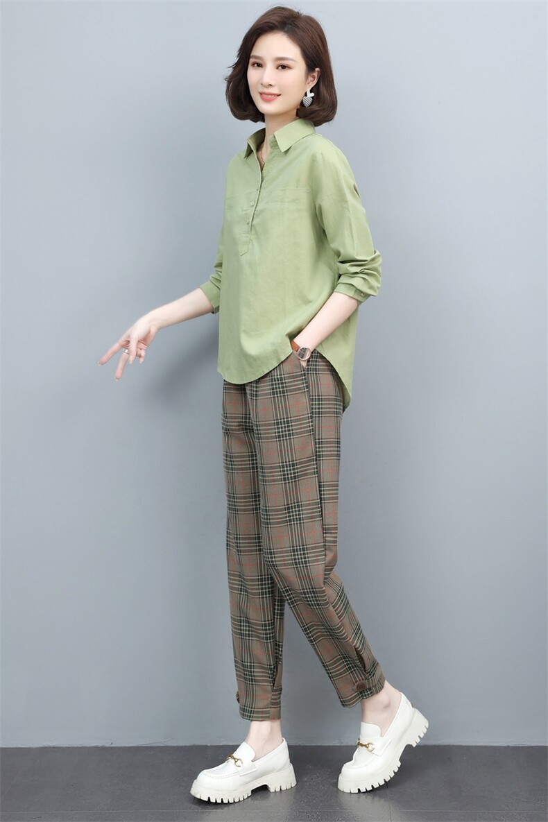 长期现货，格子衬衫女套装新款韩版春秋显瘦百搭休闲裤两件套,女装套装/套裙,涵誉