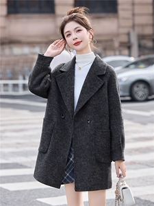 高级感灰色双面羊毛呢大衣女2025秋冬气质西装领宽松显瘦毛呢外套图片