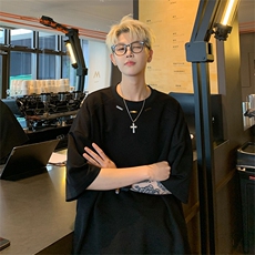 抖音得物品质二开240克宽松纯棉美式高街痞帅潮牌金属装饰短袖T恤，男装T恤，电商A486-1