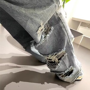 美式街头水洗做旧破洞牛仔裤男春秋直筒宽松高街风长裤子XX1611图片