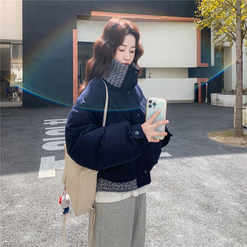 藏青色针织拼接短款羽绒服女2025冬新款设计感小个子90白鸭绒外套,女装羽绒服,辉之琳