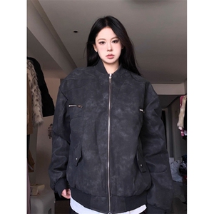 美式复古ins宽松棒球服外套秋冬新款百搭高级感PU皮机车夹克男女图片
