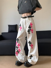 XZ-221-5/K1781/P62美式复古刺绣贴皮十字架白色牛仔裤，男装皮裤，星座221-5