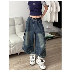 美式复古大码水洗泼墨多口袋工装牛仔裤男女款直筒宽松阔腿七分裤，男装牛仔裤，星座218-1（原230）