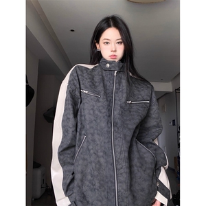 网络图现货美式潮牌复古机车磨砂拼皮立领棒球服皮衣JK8553-P75