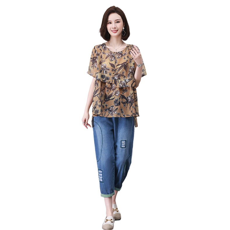 时尚休闲印花套装女宽松显瘦大码两件套夏季新款潮流百搭上衣牛仔裤,女装套装/套裙,叶笙衣