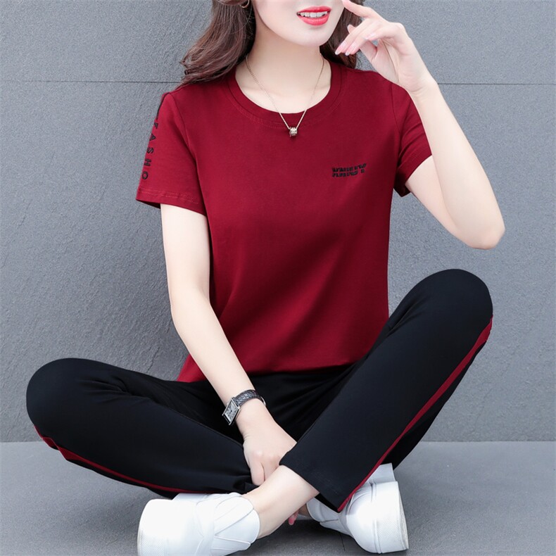 燕颉纯棉运动服套装女夏季薄款2023新款时尚休闲洋气妈妈两件套,女装运动套装,燕颉服饰