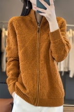 秋冬新款羊毛加厚立领拉链开衫女宽松显瘦保暖毛衣外套，女装羊毛衫，忠诺羊绒