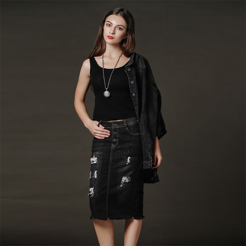 现货黑色牛仔裙女韩版时尚秋冬新款气质显瘦中腰半身裙包臀一步裙，女装半身裙，天丽