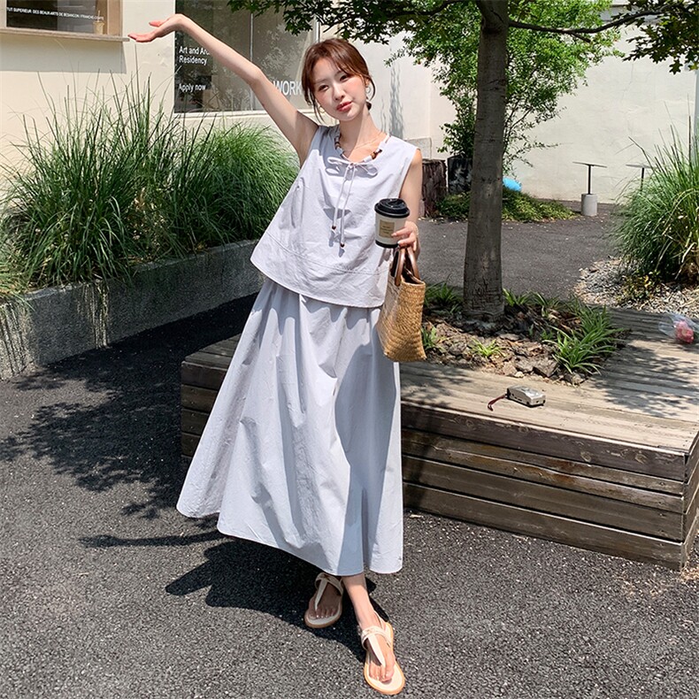清冷系文艺风假两件无袖背心连衣裙女夏2025新款气质套装连身长裙,女装连衣裙,浙宝305