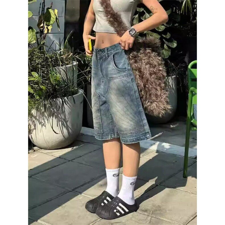 网络图美式复古水洗设计感直筒五分牛仔短裤男女做旧宽松半裤潮牌,男装牛仔裤,星座410-7