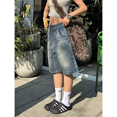 网络图美式复古水洗设计感直筒五分牛仔短裤男女做旧宽松半裤潮牌，男装牛仔裤，星座410-7