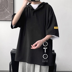 LD54114-P45连帽短袖t恤男大码胖子带帽五分袖中袖大皂风，男装T恤，电商A040