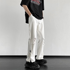 破洞牛仔裤男夏季高街设计感拉链直筒裤美式潮牌拖地裤GN8836-p45，男装牛仔裤，星座1008