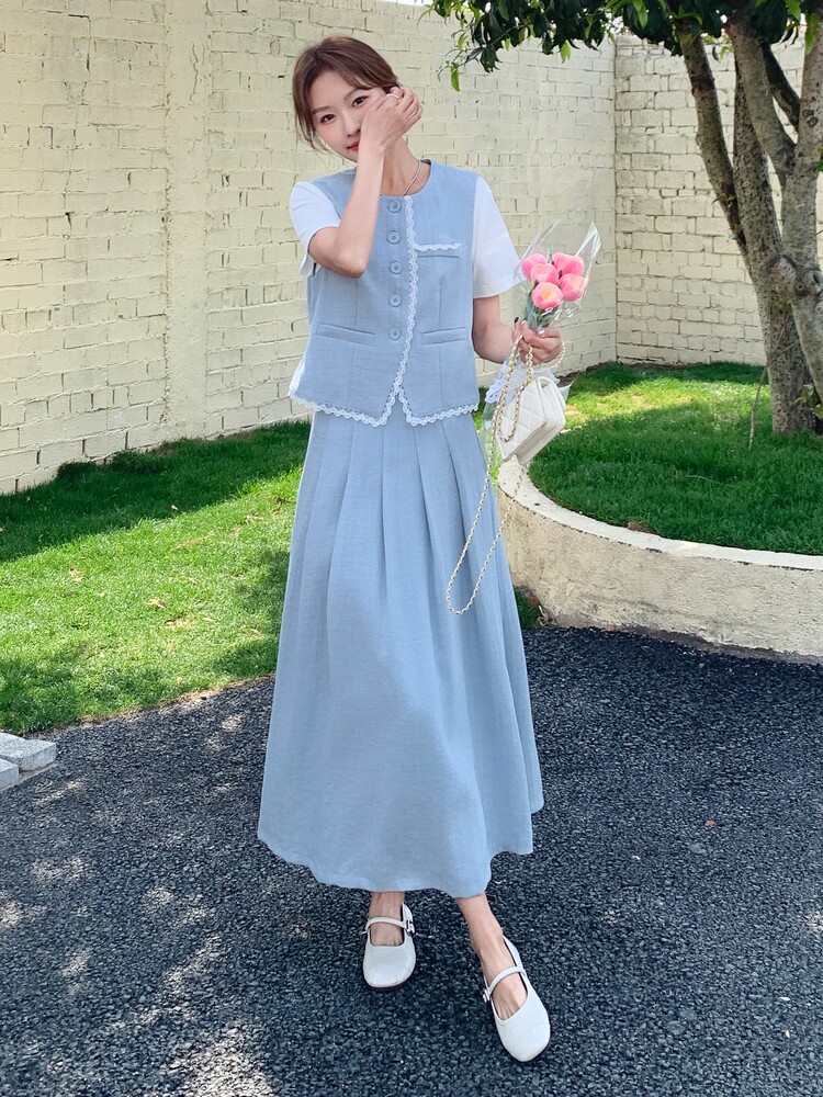 温柔系穿搭蓝色马甲套装女夏新款高级感显瘦休闲t恤半身裙三件套,女装套装/套裙,慧尚2-185