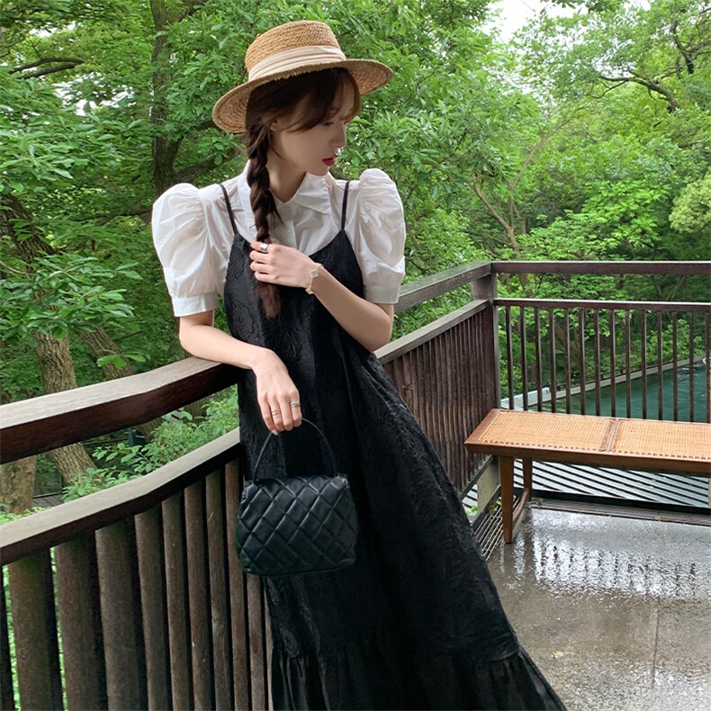 夏季法式质感高级黑色提花吊带长裙女时尚百搭宽松大摆度假连衣裙,女装连衣裙,浙宝276（原081）