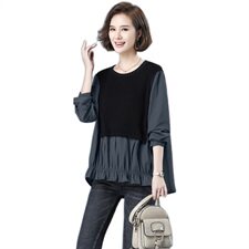 新款拼接宽松长袖T恤大码休闲打底衫，女装T恤，秋牧寒烟