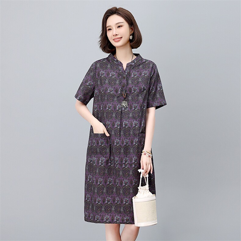 纯棉印花连衣裙女夏2025新款中年妈妈宽松大码遮肚子显瘦减龄裙子,女装连衣裙,依恋蒂丝